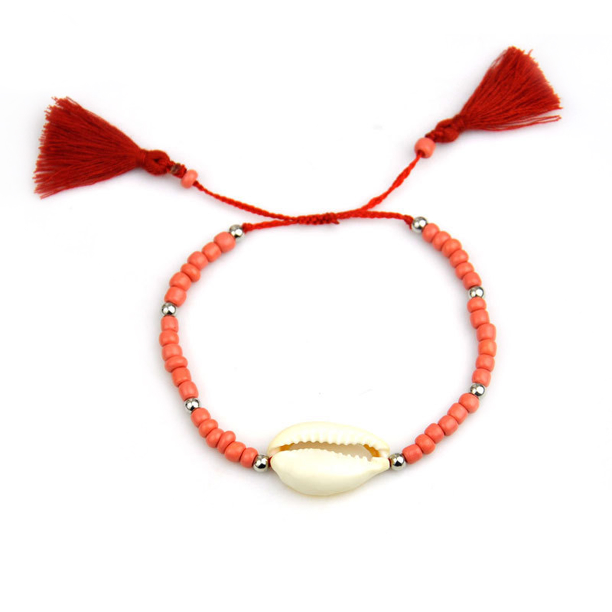 Picture of Natural Shell Dainty Bracelets Delicate Bracelets Beaded Bracelet Red Orange Tassel Adjustable 19cm(7 4/8") long, 1 Piece