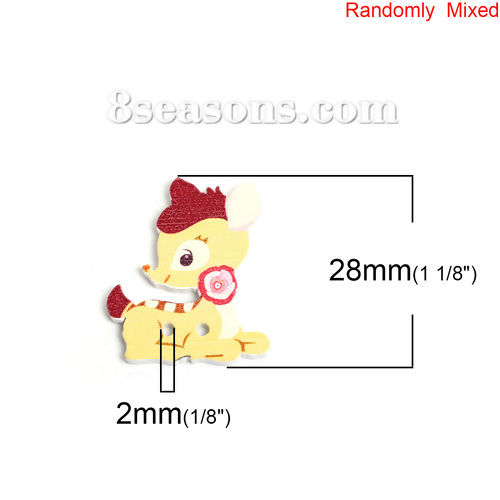 Picture of Natural Wood Sewing Buttons Scrapbooking 2 Holes Deer Animal At Random Mixed Flower Pattern 28mm(1 1/8") x 23mm( 7/8"), 50 PCs
