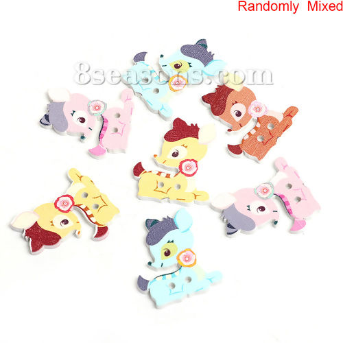 Picture of Natural Wood Sewing Buttons Scrapbooking 2 Holes Deer Animal At Random Mixed Flower Pattern 28mm(1 1/8") x 23mm( 7/8"), 50 PCs