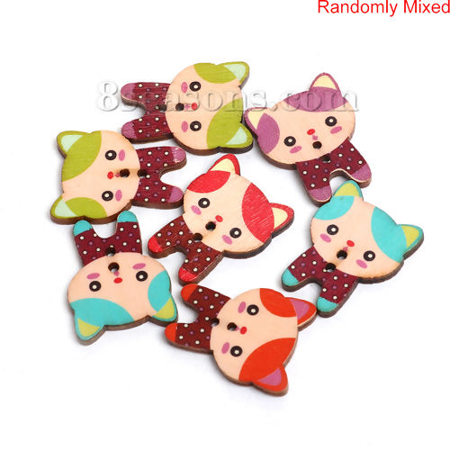 Picture of Natural Wood Sewing Buttons Scrapbooking 2 Holes Cat Animal At Random Mixed 30mm(1 1/8") x 23mm( 7/8"), 50 PCs