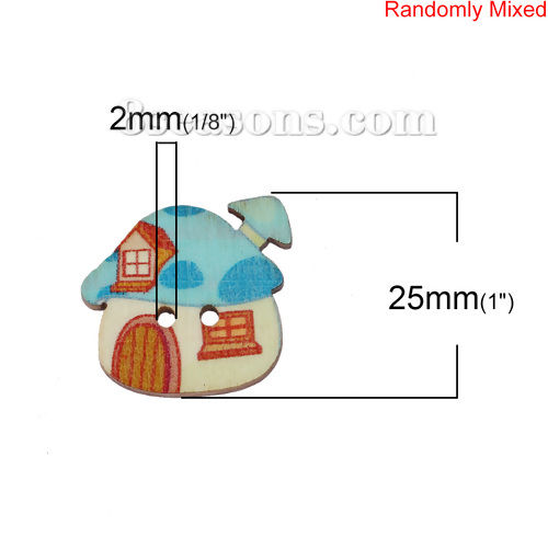Image de Bouton de Couture en Bois Naturel 2 Trous Maison Couleur au Hasard Champignon 25mm x 23mm, 50 Pcs