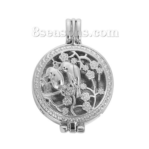 Picture of Brass Aromatherapy Essential Oil Diffuser Locket Pendants Bird Animal Silver Tone Flower Cabochon Settings (Fit 23mm Dia.) Can Open 39mm(1 4/8") x 27mm(1 1/8"), 1 Piece