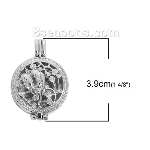 Picture of Brass Aromatherapy Essential Oil Diffuser Locket Pendants Bird Animal Silver Tone Flower Cabochon Settings (Fit 23mm Dia.) Can Open 39mm(1 4/8") x 27mm(1 1/8"), 1 Piece