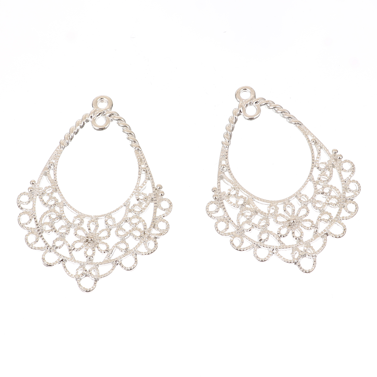 Picture of Zinc Based Alloy Chandelier Connectors Drop Silver Plated Filigree 42mm x 31mm, 10 PCs