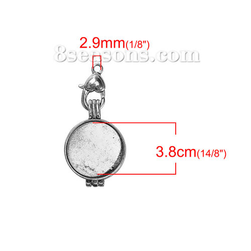 Picture of Zinc Based Alloy Aromatherapy Essential Oil Diffuser Locket Pendants Round Disc Antique Silver Color Heart Carved Cabochon Settings (Fits 25mm Dia.23mm Dia.) 55mm(2 1/8") x 27mm(1 1/8"), 1 Piece