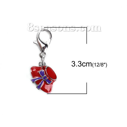 Bild von Zinklegierung Charms Anhängerträger für Vintage Armband Anhänger Hut Silberfarbe Rot Schleife Emaille 32mm x 12mm, 5 Stück