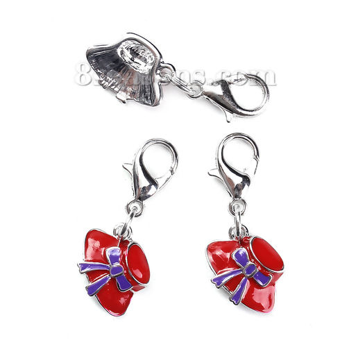 Bild von Zinklegierung Charms Anhängerträger für Vintage Armband Anhänger Hut Silberfarbe Rot Schleife Emaille 32mm x 12mm, 5 Stück