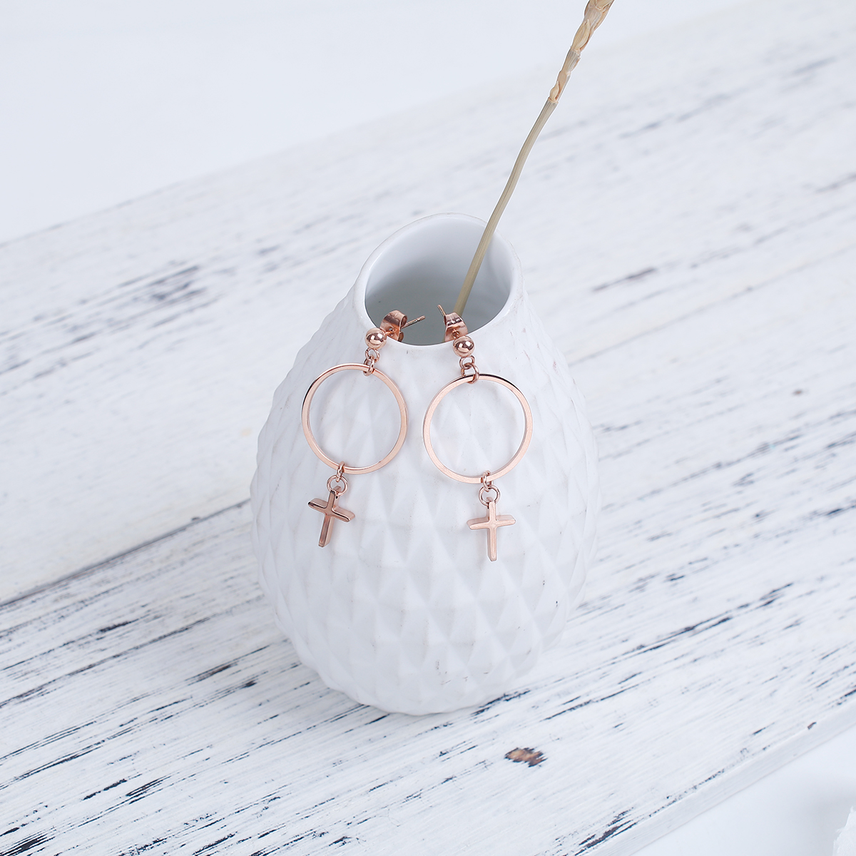 Picture of 316 Stainless Steel Ear Post Stud Earrings Rose Gold Circle Ring Cross 43mm(1 6/8") x 20mm( 6/8"), Post/ Wire Size: (21 gauge), 1 Pair