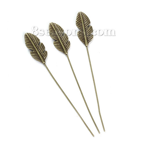 Picture of Zinc Based Alloy Head Pins Antique Bronze Feather 6.4cm(2 4/8") long, 0.7mm (21 gauge), 5 PCs