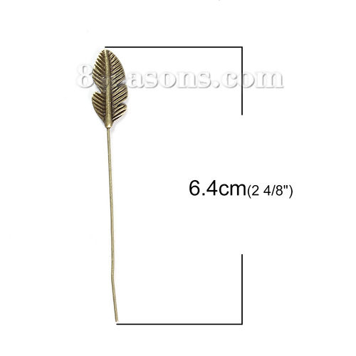 Picture of Zinc Based Alloy Head Pins Antique Bronze Feather 6.4cm(2 4/8") long, 0.7mm (21 gauge), 5 PCs