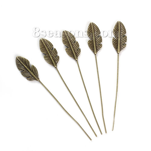 Picture of Zinc Based Alloy Head Pins Antique Bronze Feather 6.4cm(2 4/8") long, 0.7mm (21 gauge), 5 PCs