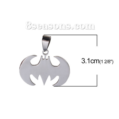 Picture of 304 Stainless Steel Pendants Halloween Bat Animal Silver Tone 31mm(1 2/8") x 29mm(1 1/8"), 2 PCs