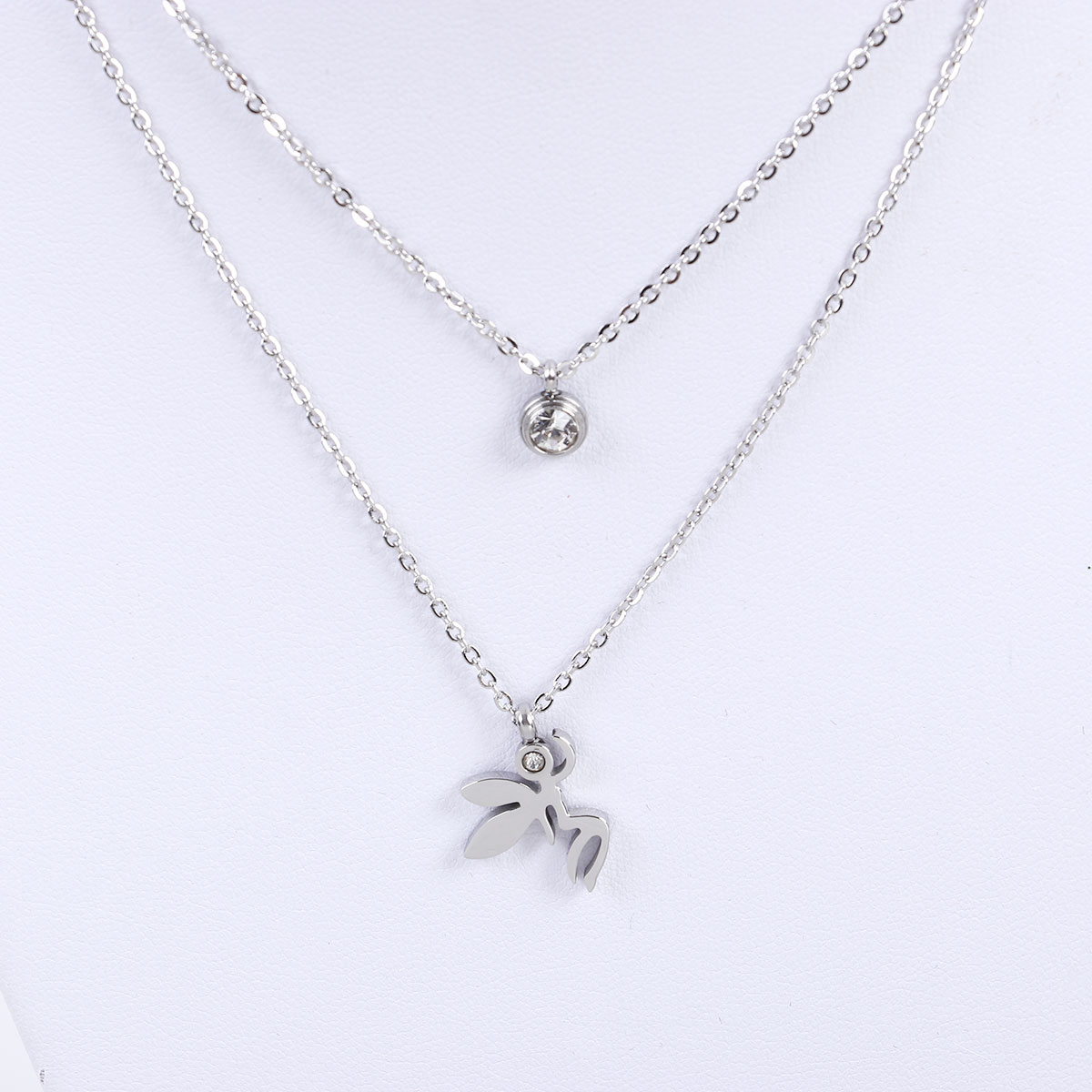 Picture of 304 Stainless Steel Double Layer Necklace Silver Tone Angel Round Clear Rhinestone 41cm(16 1/8") long, 1 Piece