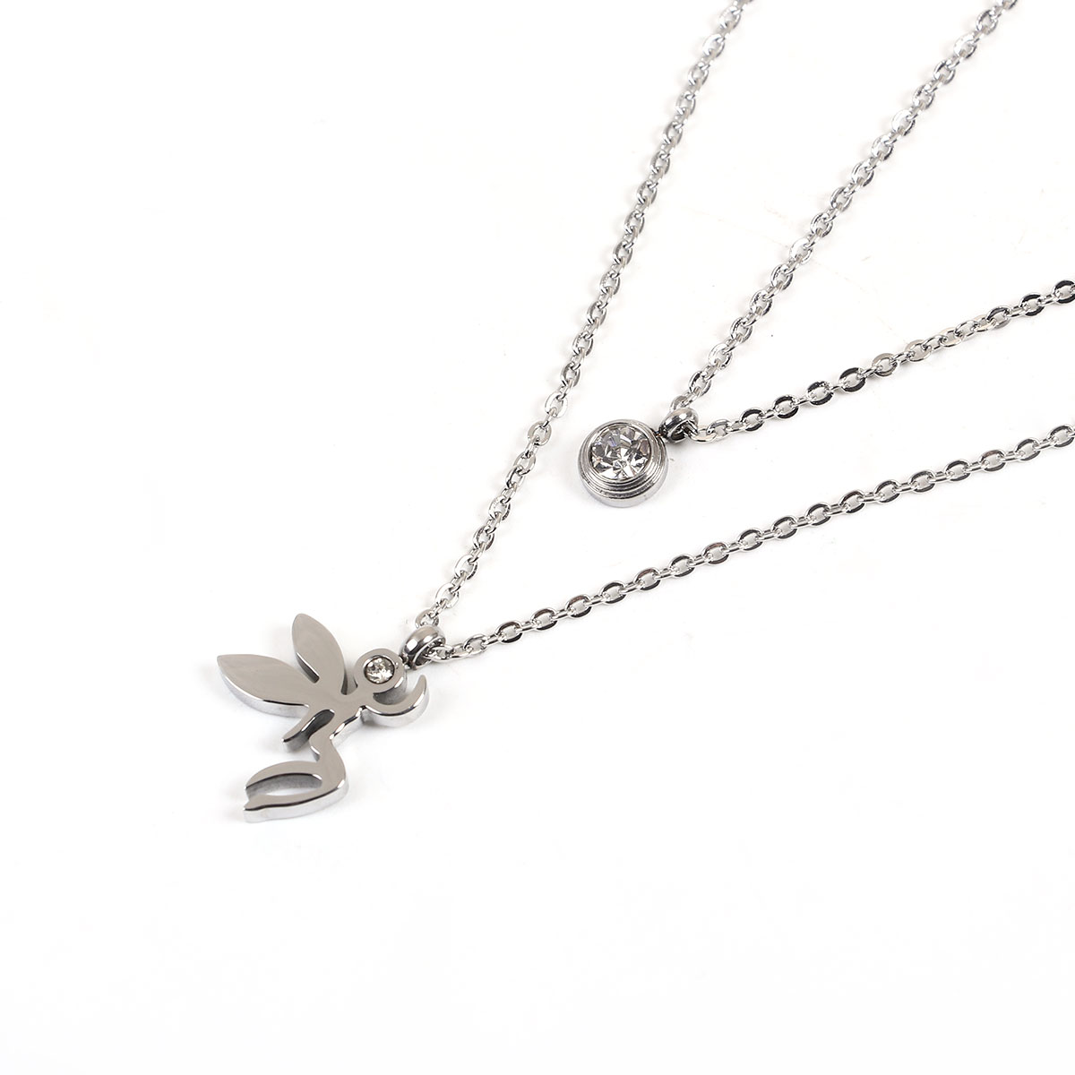 Picture of 304 Stainless Steel Double Layer Necklace Silver Tone Angel Round Clear Rhinestone 41cm(16 1/8") long, 1 Piece