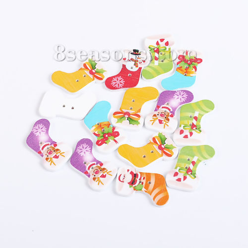 Image de Bouton de Couture en Contre-Plaqué Deux Trous Chaussettes de Noël Couleur au Hasard 29mm x 18mm, 50 Pcs