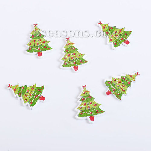 Image de Bouton de Couture en Contre-Plaqué Deux Trous Pin de Noël Rouge & Vert 35mm x 24mm, 50 Pcs