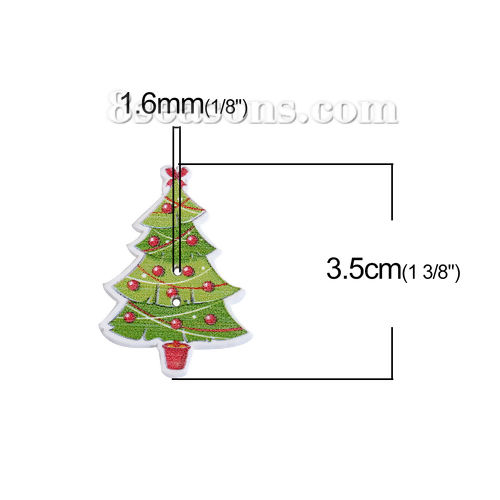 Image de Bouton de Couture en Contre-Plaqué Deux Trous Pin de Noël Rouge & Vert 35mm x 24mm, 50 Pcs