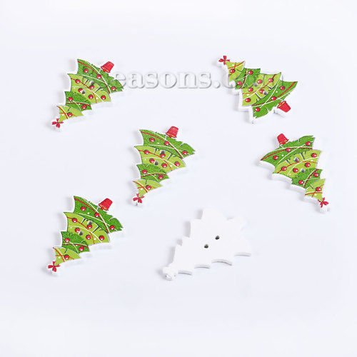 Image de Bouton de Couture en Contre-Plaqué Deux Trous Pin de Noël Rouge & Vert 35mm x 24mm, 50 Pcs