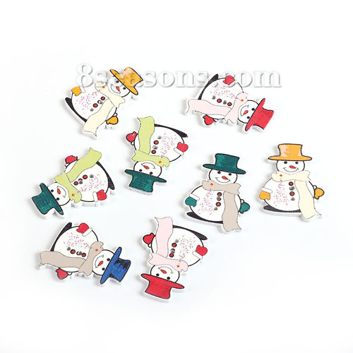 Image de Bouton de Couture en Contre-Plaqué Deux Trous Bonhomme de Neige de Noël Couleur au Hasard 35mm x 26mm, 50 Pcs