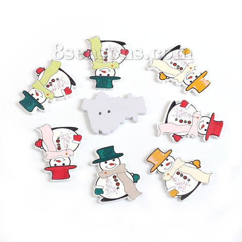 Image de Bouton de Couture en Contre-Plaqué Deux Trous Bonhomme de Neige de Noël Couleur au Hasard 35mm x 26mm, 50 Pcs