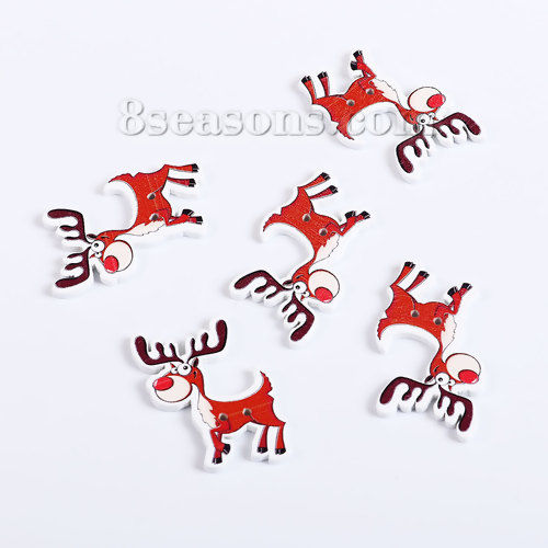 Picture of Three-ply Board Sewing Buttons Scrapbooking Two Hole Christmas Reindeer Brown Red 35mm(1 3/8") x 25mm(1"), 50 PCs