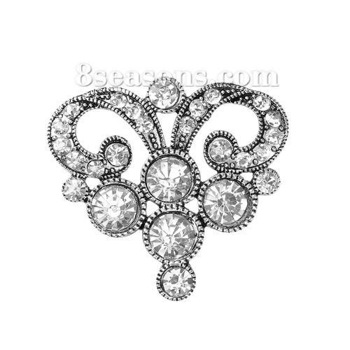 Picture of Zinc Based Alloy Connectors Heart Antique Silver Color Clear Rhinestone 49mm x 46mm, 1 Piece