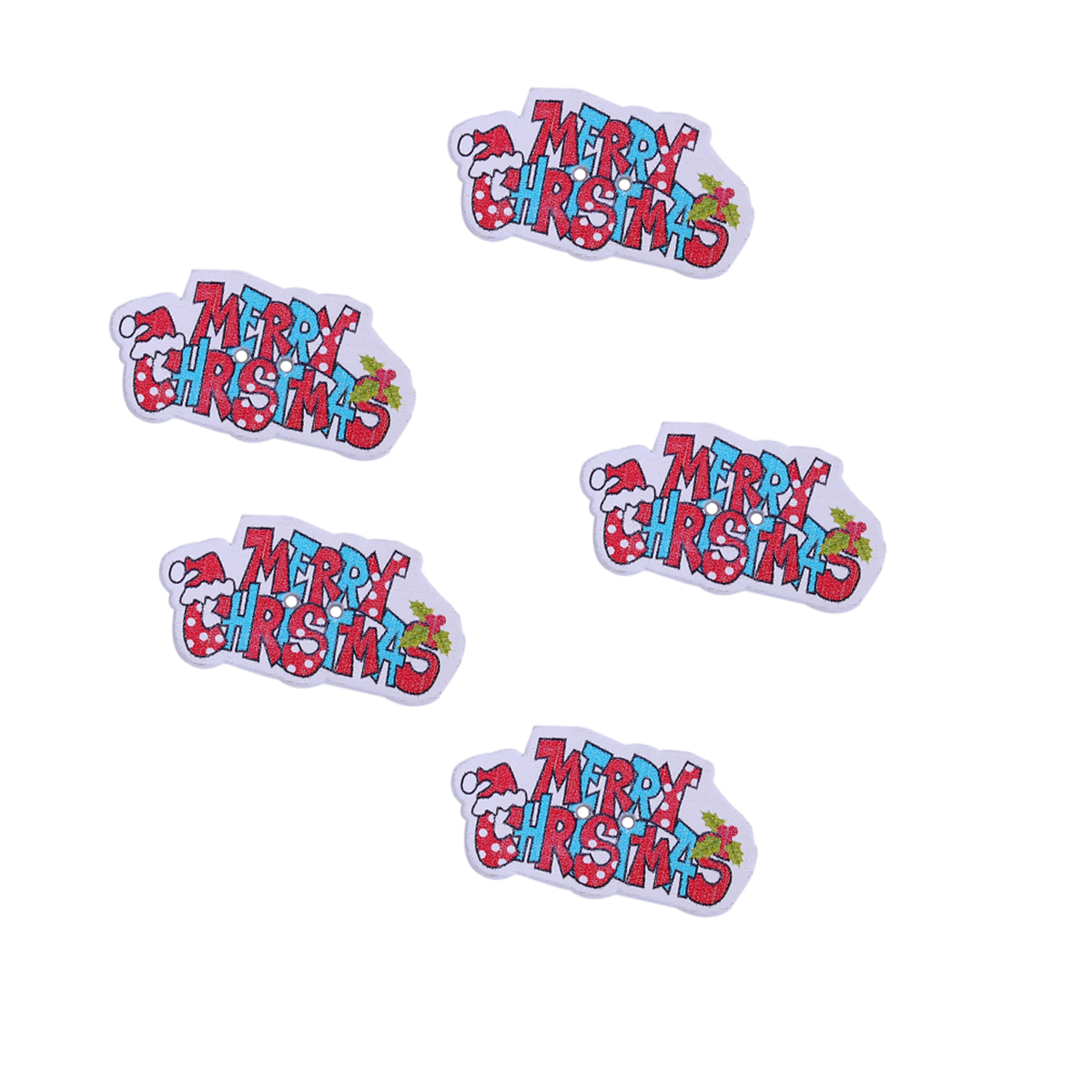 Image de Bouton de Couture en Contre-Plaqué 2 Trous Message Rouge & Bleu " Merry Christmas" 35mm x 19mm, 50 Pcs