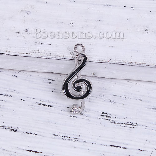 Bild von Zinklegierung Musik Charms Musik Note Silberfarbe Schwarz Transparent Strass Emaille 22mm x 10mm, 20 Stück