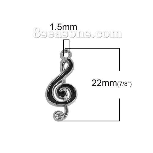 Bild von Zinklegierung Musik Charms Musik Note Silberfarbe Schwarz Transparent Strass Emaille 22mm x 10mm, 20 Stück