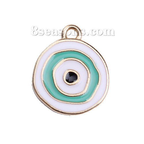 Picture of Zinc Based Alloy Charms Round Disc Gold Plated White & Green Evil Eye Enamel 23mm( 7/8") x 20mm( 6/8"), 5 PCs