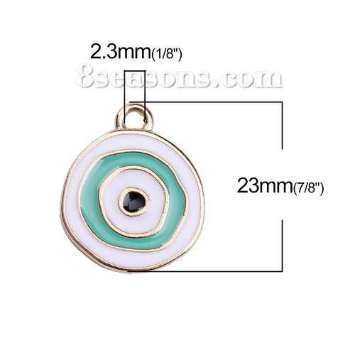 Picture of Zinc Based Alloy Charms Round Disc Gold Plated White & Green Evil Eye Enamel 23mm( 7/8") x 20mm( 6/8"), 5 PCs