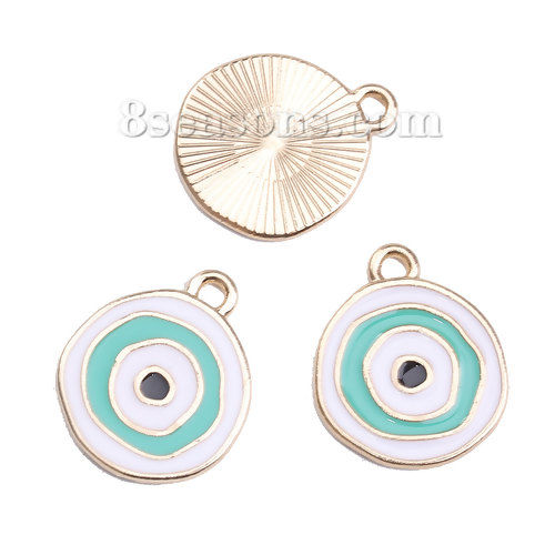 Picture of Zinc Based Alloy Charms Round Disc Gold Plated White & Green Evil Eye Enamel 23mm( 7/8") x 20mm( 6/8"), 5 PCs