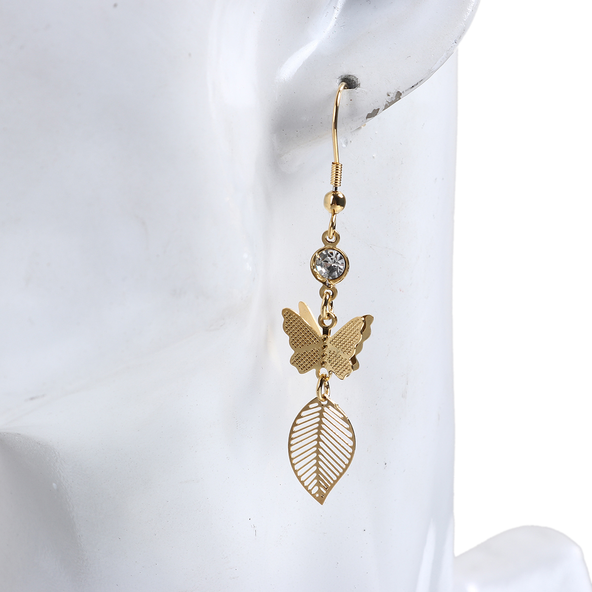Picture of 304 Stainless Steel Earrings Gold Plated Butterfly Animal Leaf Clear Rhinestone 61mm(2 3/8") x 12mm( 4/8"), Post/ Wire Size: (21 gauge), 1 Pair