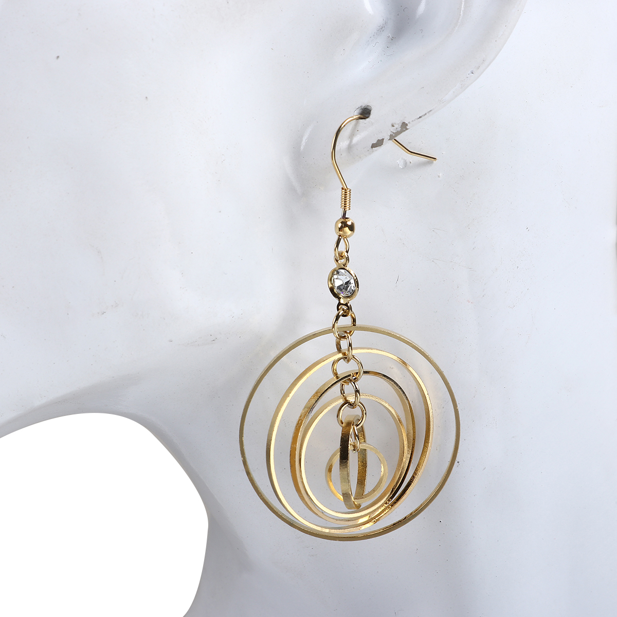 Picture of 304 Stainless Steel Earrings Gold Plated Circle Ring Clear Rhinestone 67mm(2 5/8") x 35mm(1 3/8"), Post/ Wire Size: (21 gauge), 1 Pair