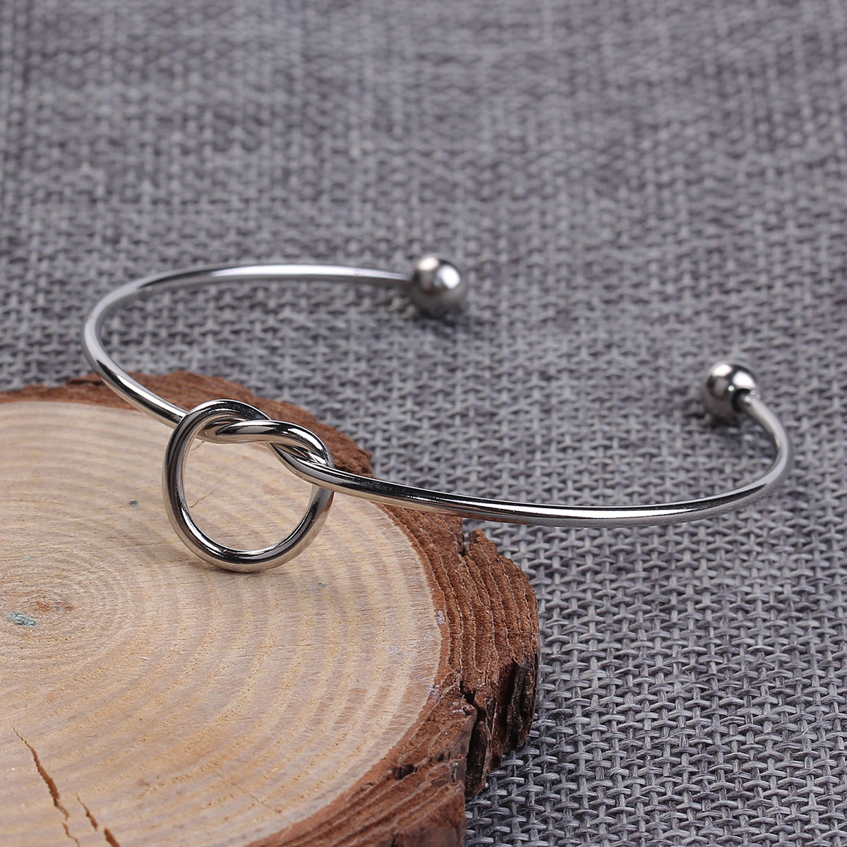 Picture of 1 Piece Eco-friendly 304 Stainless Steel Open Cuff Bangles Bracelets Love Knot Silver Tone 6.1cm Dia.