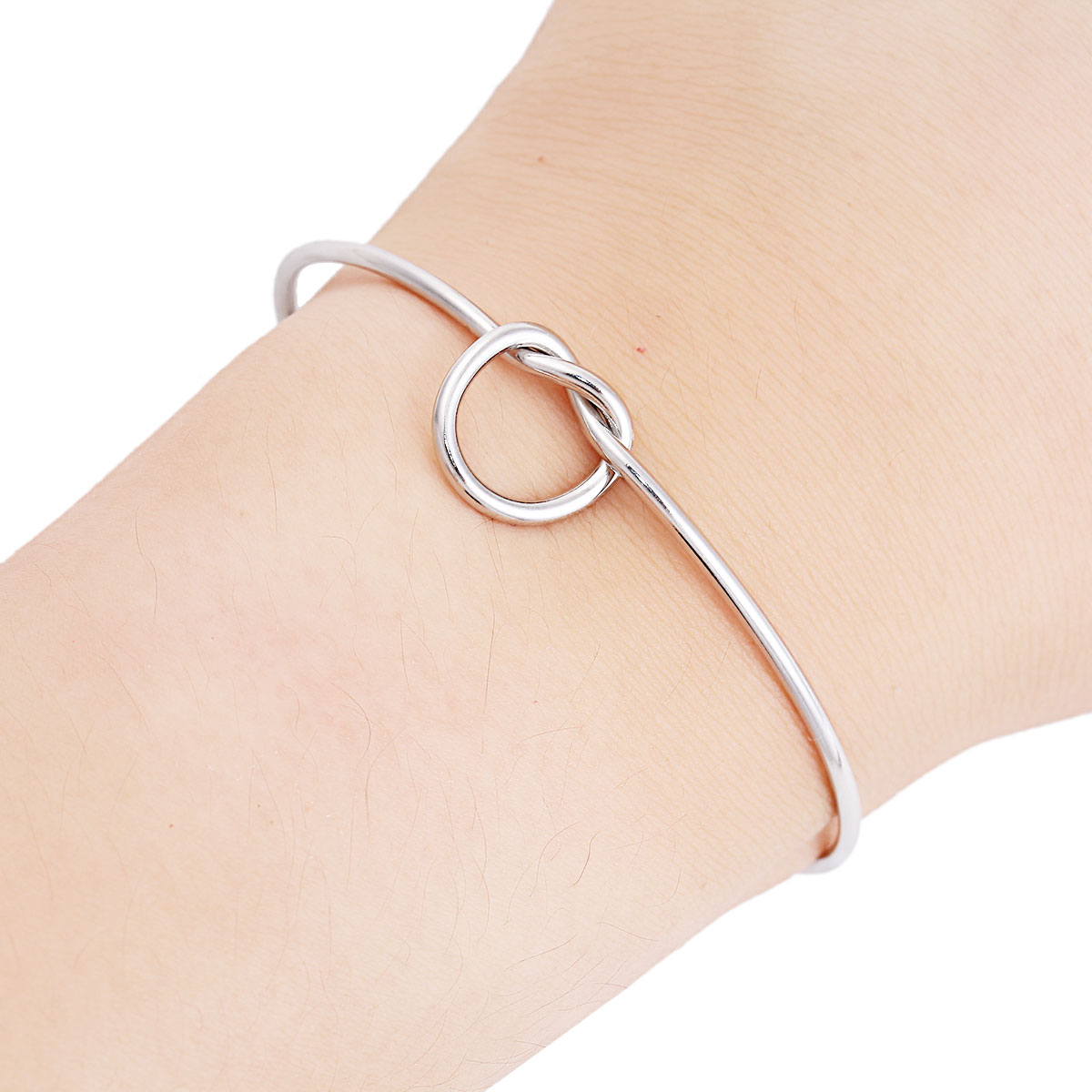Picture of 1 Piece Eco-friendly 304 Stainless Steel Open Cuff Bangles Bracelets Love Knot Silver Tone 6.1cm Dia.