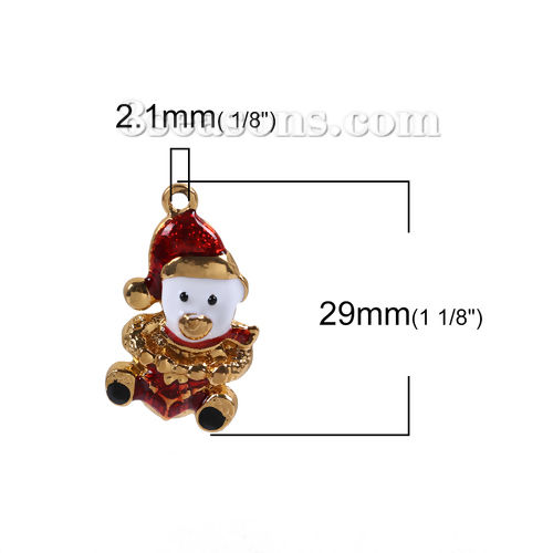 Picture of Zinc Based Alloy Charms Bear Animal Gold Plated White & Red Christmas Hats Enamel 29mm(1 1/8") x 17mm( 5/8"), 5 PCs