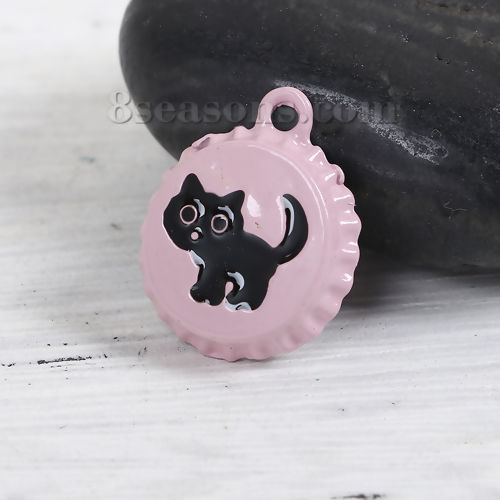 Picture of Zinc Based Alloy Bottle Cap Jewelry Charms Cat Animal Pink Black 22mm( 7/8") x 18mm( 6/8"), 5 PCs