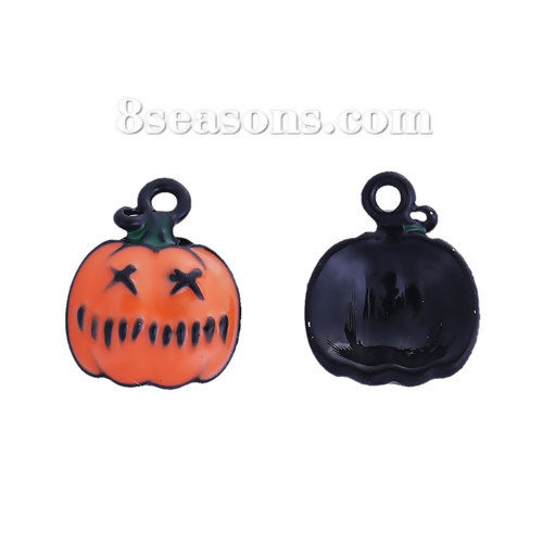 Picture of Zinc Based Alloy Halloween Charms Pumpkin Black Orange Enamel 15mm( 5/8") x 12mm( 4/8"), 5 PCs