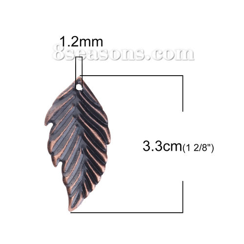 Bild von Eisenlegierung Anhänger Blätter Rotkupferfarbe 33mm x 16mm, 100 Stück