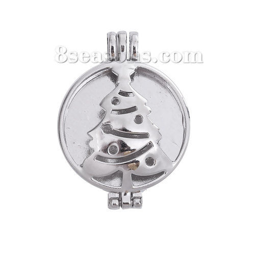 Picture of Zinc Based Alloy Aromatherapy Essential Oil Diffuser Locket Pendants Round Disc Silver Tone Christmas Tree Cabochon Settings (Fits 30mm Dia.) Can Open 44mm(1 6/8") x 32mm(1 2/8"), 1 Piece