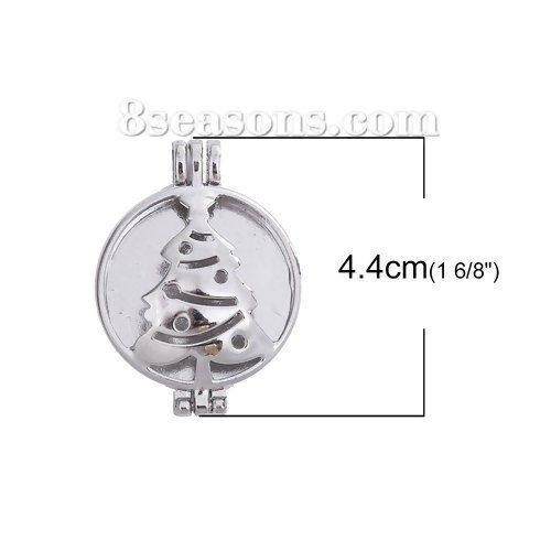 Picture of Zinc Based Alloy Aromatherapy Essential Oil Diffuser Locket Pendants Round Disc Silver Tone Christmas Tree Cabochon Settings (Fits 30mm Dia.) Can Open 44mm(1 6/8") x 32mm(1 2/8"), 1 Piece