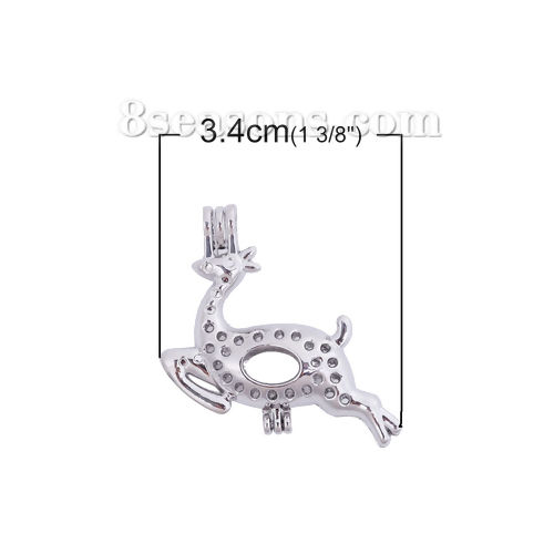 Bild von Zinklegierung 3D Wunsch Perlenkäfig Schmuck Anhänger Weihnachten Rentier Silberfarbe Zum Öffnen (für 8mm Perlen） 34mm x 31mm, 2 Stück