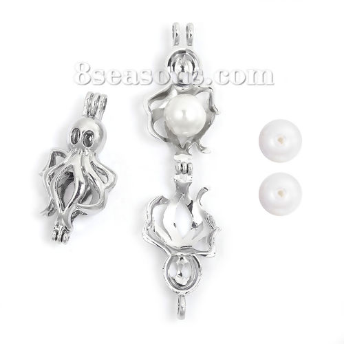 Imagen de Zamak Locket de Perlas Colgantes Pulpo Tono de Plata Puede Abrir (Apta Cuenta: 6mm) 37mm x 18mm, 2 Unidades