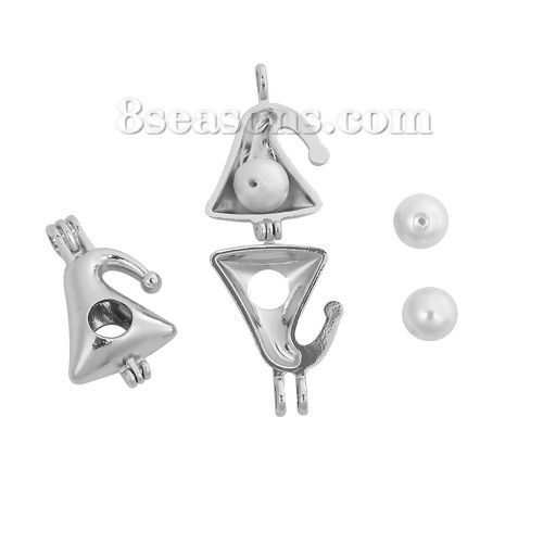 Picture of Zinc Based Alloy 3D Wish Pearl Locket Jewelry Pendants Halloween Witch Hat Silver Tone Can Open (Fit Bead Size: 8mm) 29mm(1 1/8") x 20mm( 6/8"), 2 PCs