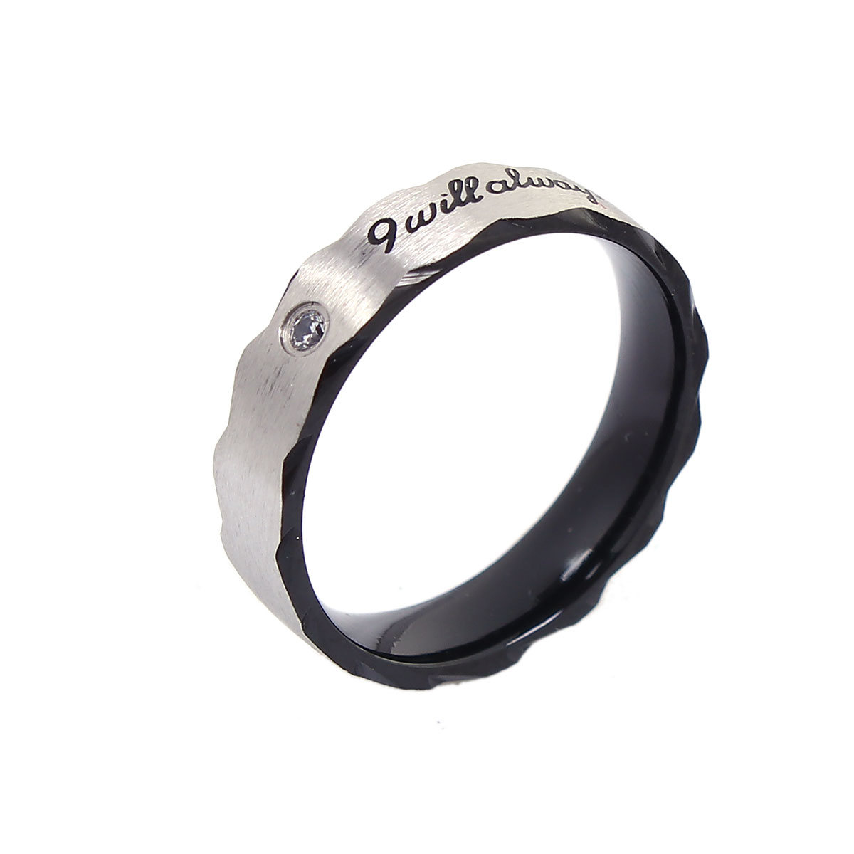 Picture of 304 Stainless Steel Unadjustable Rings Black Message Clear Rhinestone 19.9mm( 6/8")(US Size 10), 1 Piece