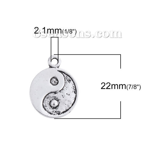 Picture of Zinc Based Alloy Charms Round Disc Antique Silver Color Yin Yang Symbol 22mm( 7/8") x 17mm( 5/8"), 20 PCs