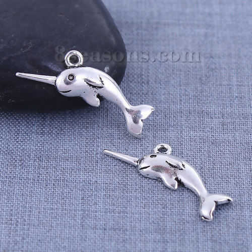 Imagen de Zamak Colgantes Charms Narval Plata Antigua 28mm x 13mm, 30 Unidades