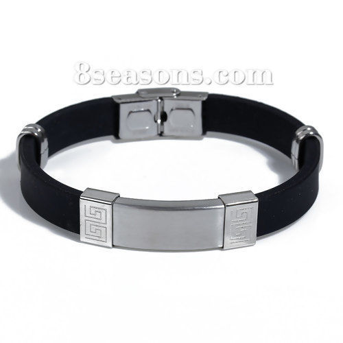 Picture of 304 Stainless Steel & Silicone Bracelets Silver Tone Black Blank Pattern 22cm(8 5/8") long, 1 Piece