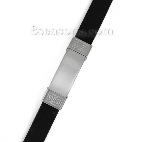 Picture of 304 Stainless Steel & Silicone Bracelets Silver Tone Black Blank Pattern 22cm(8 5/8") long, 1 Piece